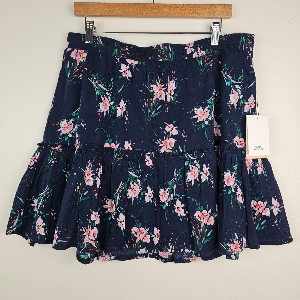 NWT Carve Designs Skirt Women XL Navy Blue Floral Kourtney Tiered Organic Cotton